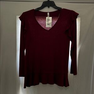 Emerald Deep Red Long Sleeve V-Neck Top